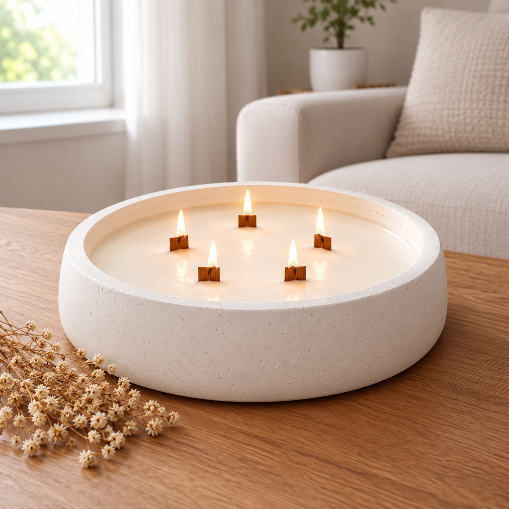 Vela aromática artesanal grande en recipiente blanco decorado con cactus y suculentas