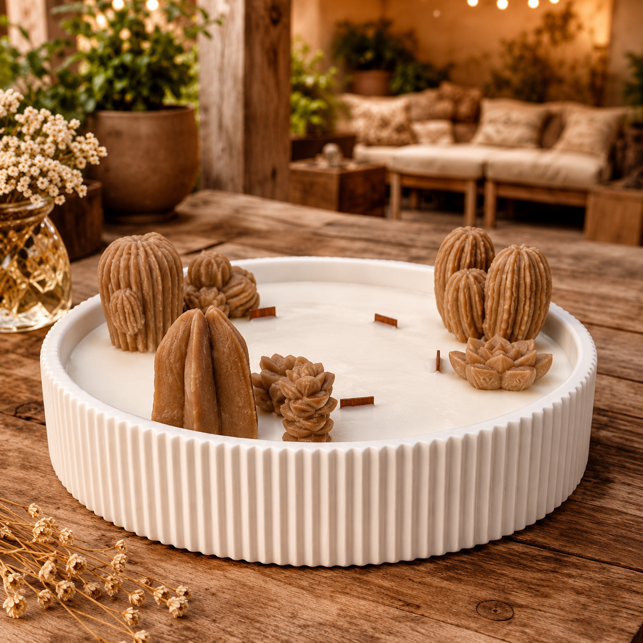 Vela decorativa artesanal ecológica XL en recipiente blanco rayado con flores de cera