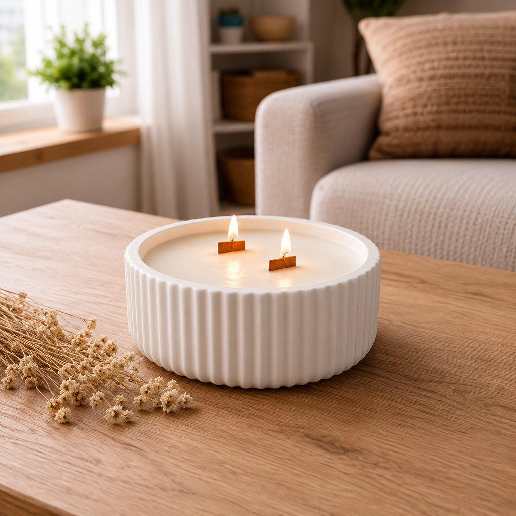 Vela aromática artesanal en recipiente redondo rayado blanco