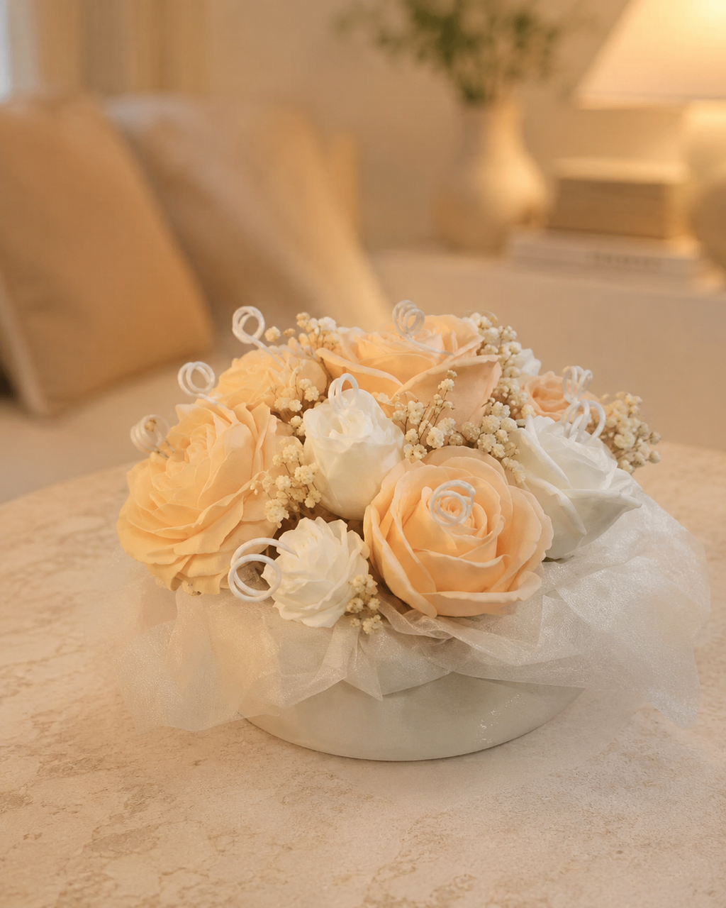 Ramo floral de cera en tonos crema y blanco