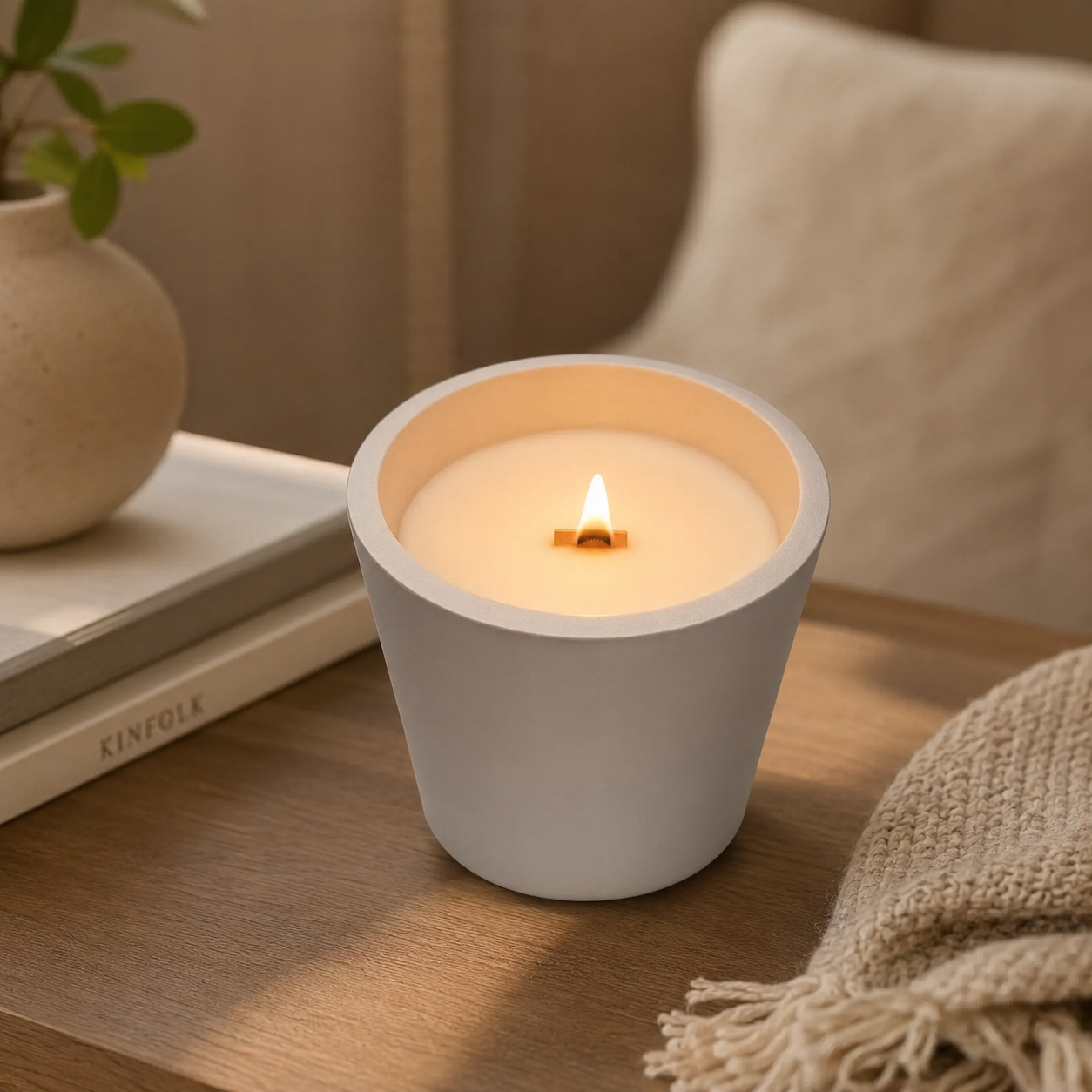 Vela artesanal en vaso blanco de resina ecológica – Minimalista y con mecha de madera