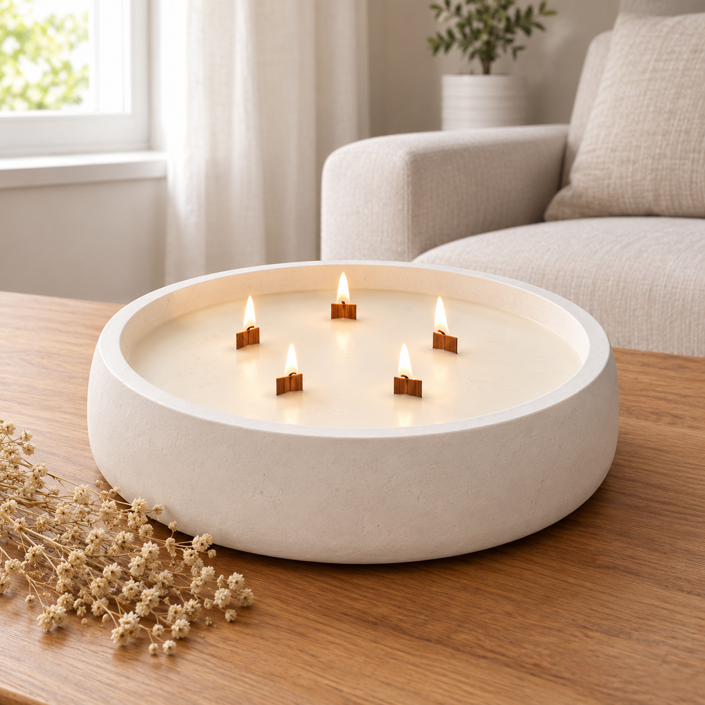 Vela aromática artesanal grande en recipiente blanco decorado con cactus y suculentas