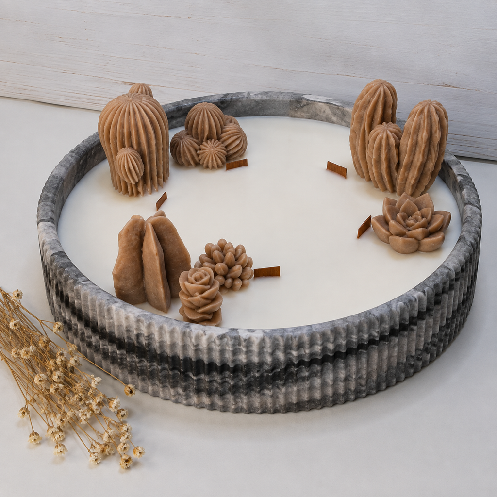 Vela aromática artesanal XL en resina ecológica efecto mármol rayado con decoración