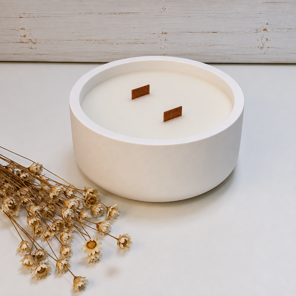 Vela aromática artesanal en recipiente redondo liso blanco de resina ecológica
