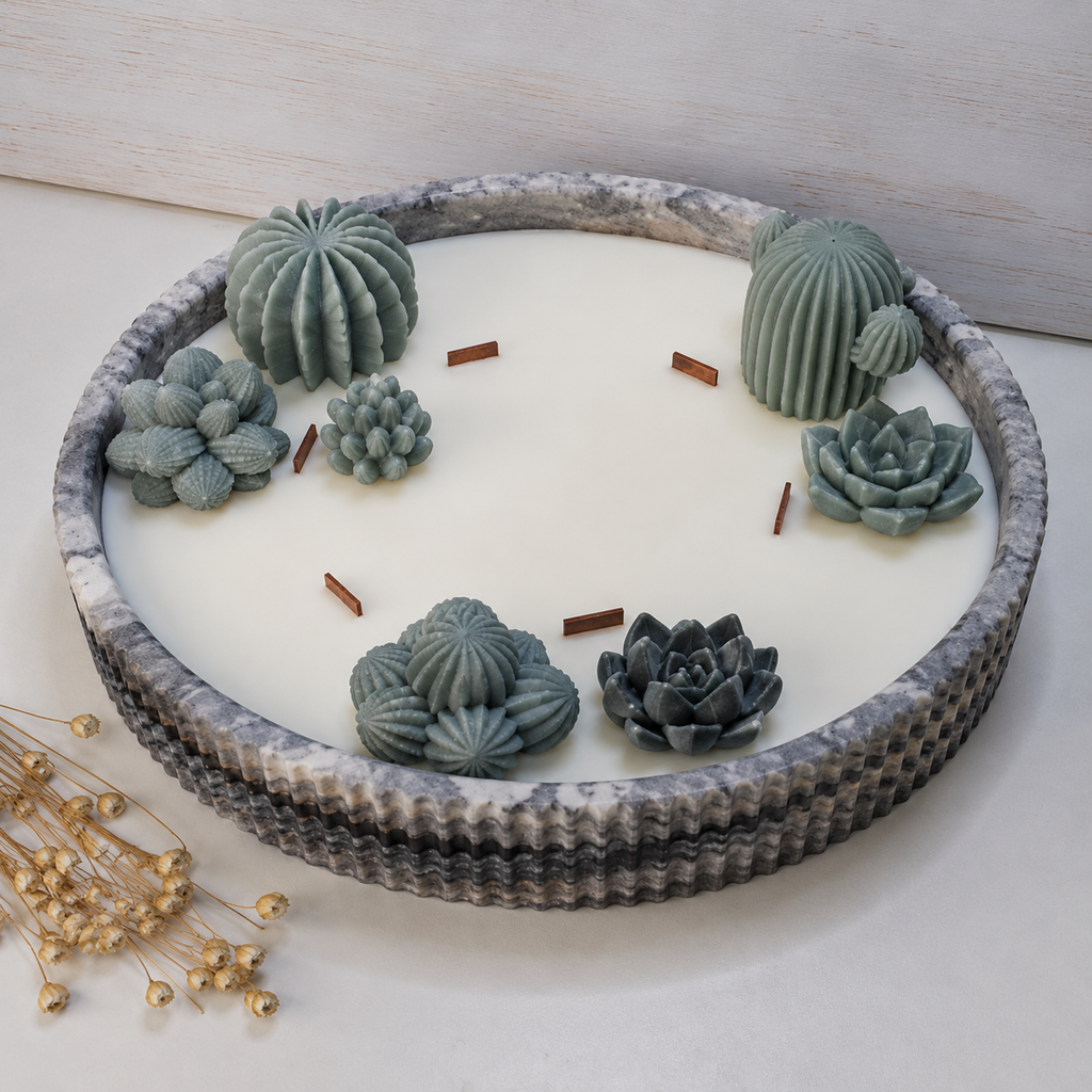 Vela aromática artesanal XL en resina ecológica efecto mármol rayado con decoración