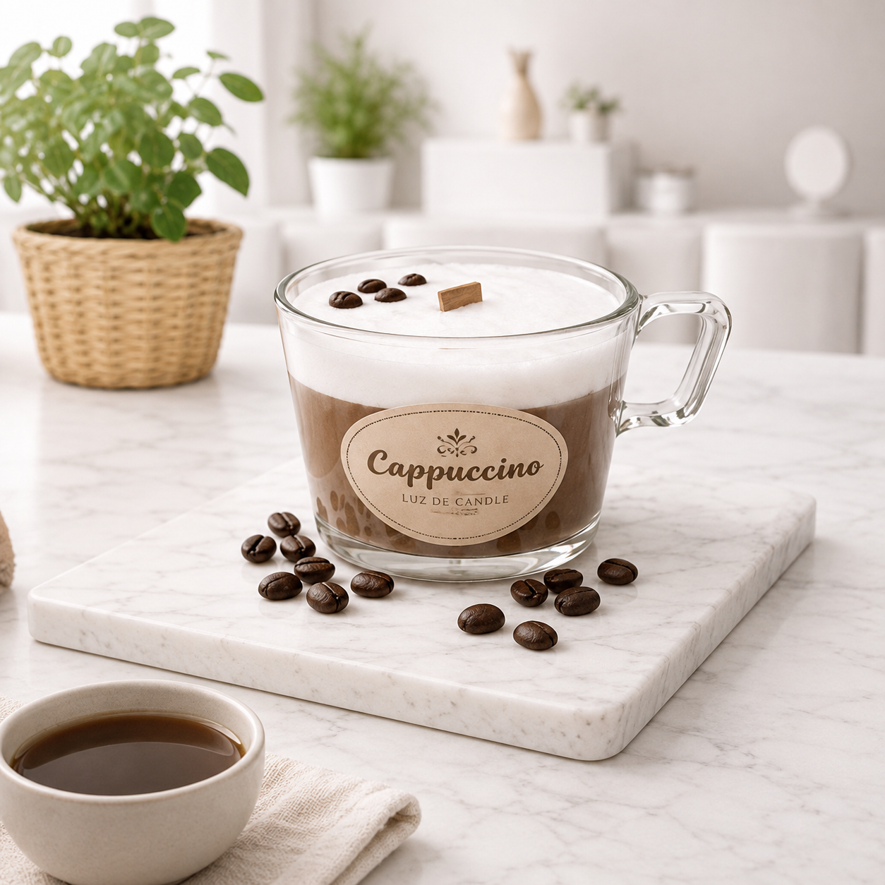 Vela Cappuccino en taza de cristal con mecha de madera