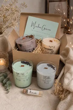 Pack de 4 Velas Artesanales Grandes con Aromaterapia | Mecha de Madera y Minerales Naturales